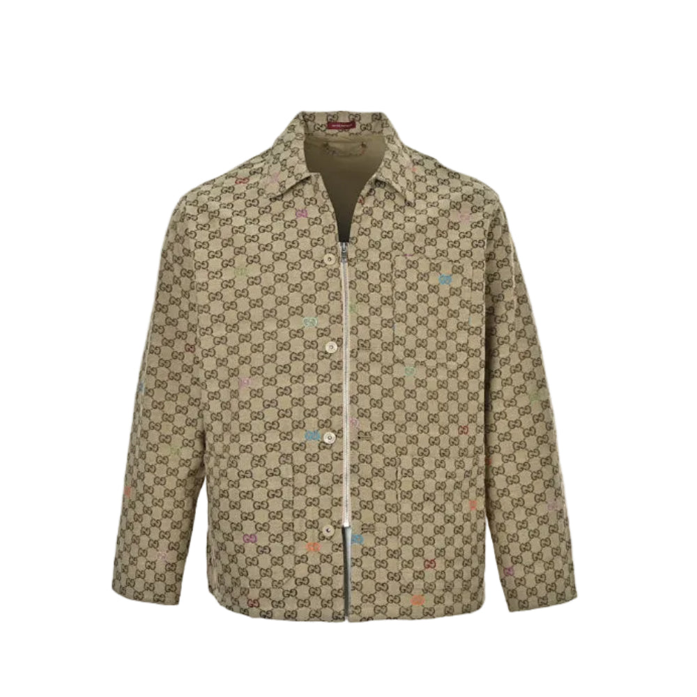Gucci Beige Monogram Jacquard Full-Zip Spread Collar Overshirt Jacket
