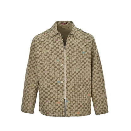 Gucci Beige Monogram Jacquard Full-Zip Spread Collar Overshirt Jacket