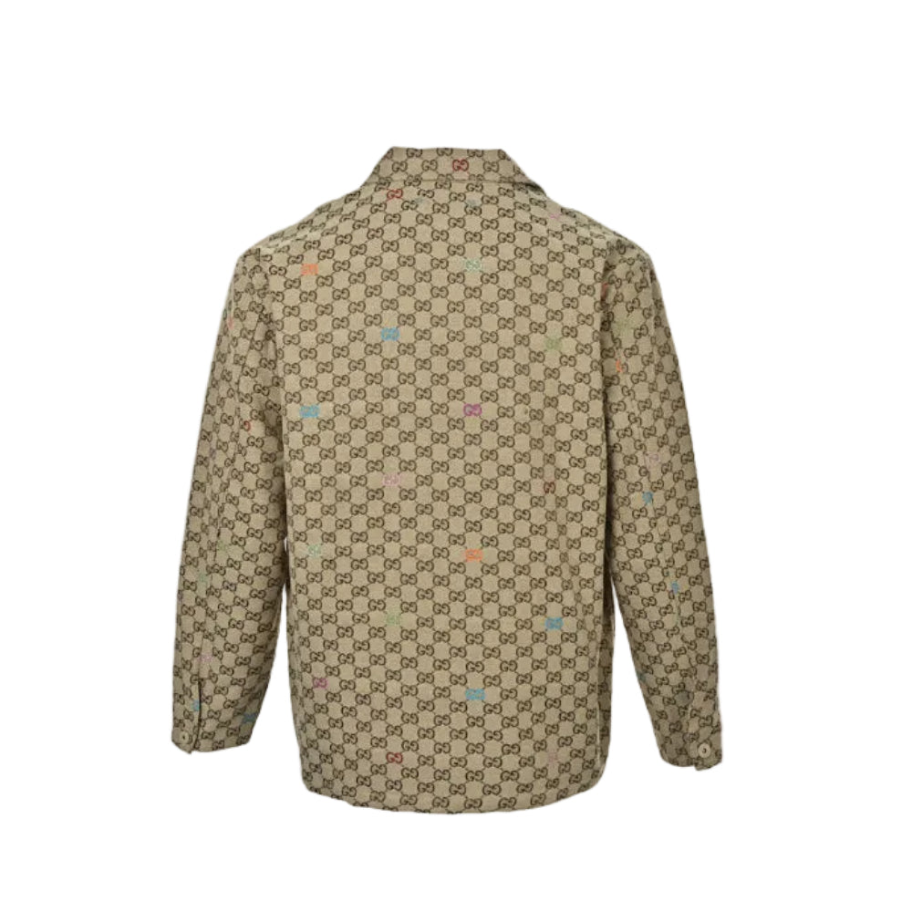 Gucci Beige Monogram Jacquard Full-Zip Spread Collar Overshirt Jacket