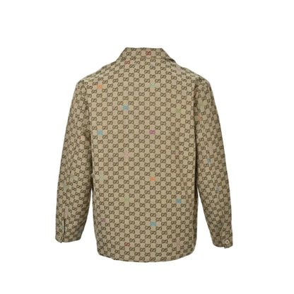 Gucci Beige Monogram Jacquard Full-Zip Spread Collar Overshirt Jacket