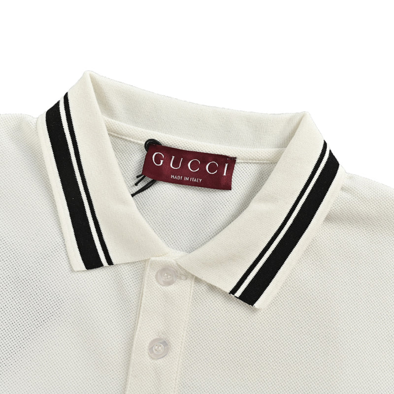 Gucci Off-White Piqué Stripe Chest Band Wordmark Embroidered Polo Shirt