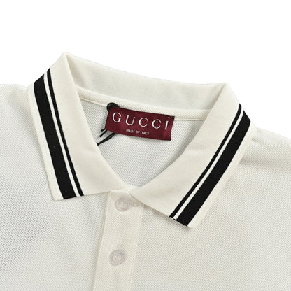Gucci Off-White Piqué Stripe Chest Band Wordmark Embroidered Polo Shirt