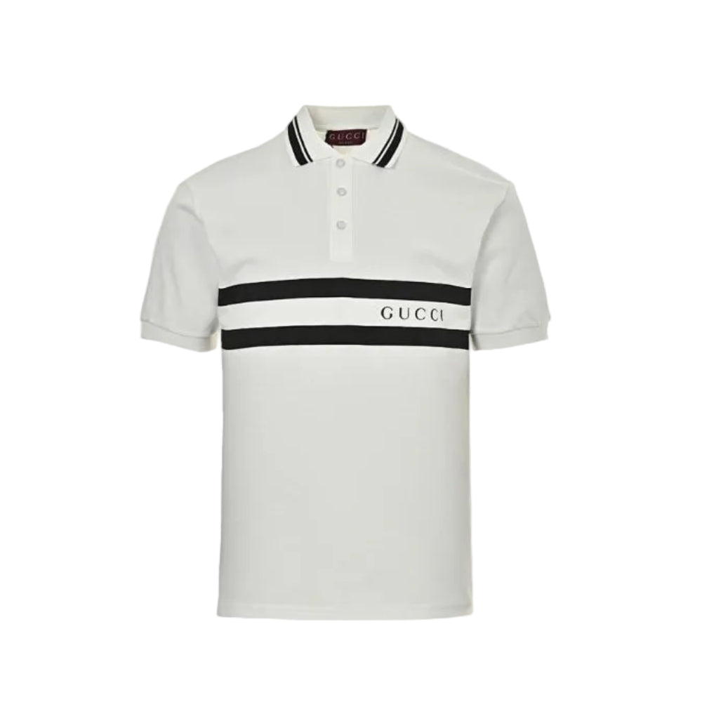 Gucci Off-White Piqué Stripe Chest Band Wordmark Embroidered Polo Shirt