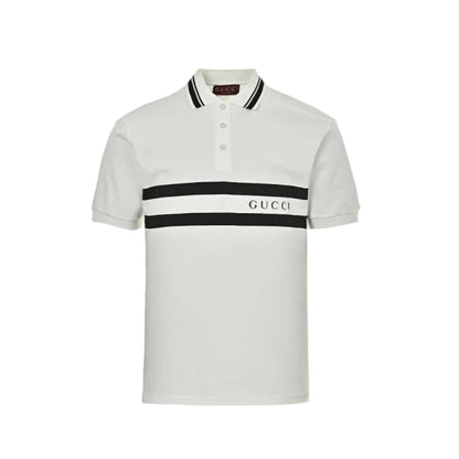 Gucci Off-White Piqué Stripe Chest Band Wordmark Embroidered Polo Shirt