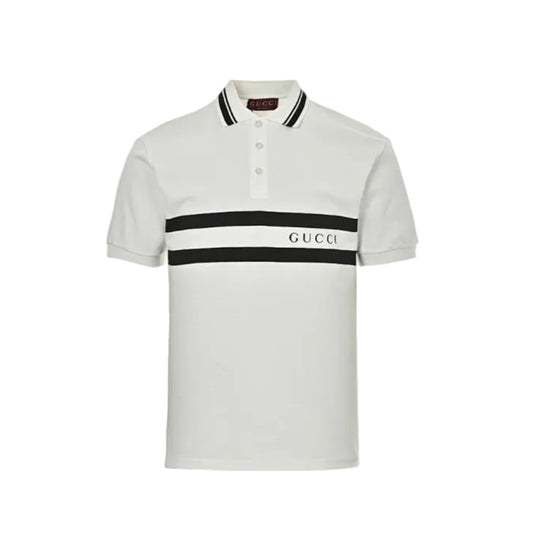 Gucci Off-White Piqué Stripe Chest Band Wordmark Embroidered Polo Shirt