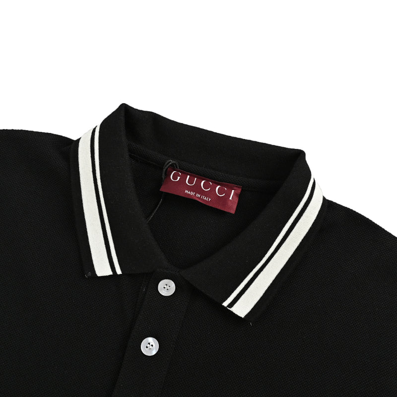 Gucci Black Piqué Stripe Chest Band Wordmark Embroidered Polo Shirt