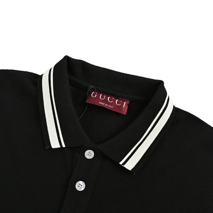 Gucci Black Piqué Stripe Chest Band Wordmark Embroidered Polo Shirt