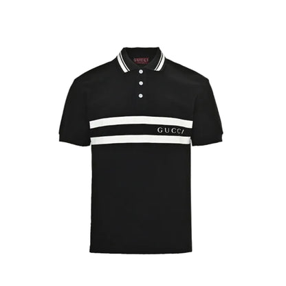 Gucci Black Piqué Stripe Chest Band Wordmark Embroidered Polo Shirt