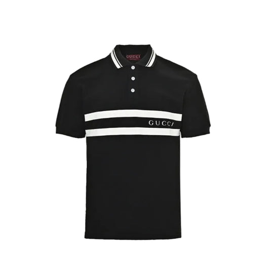 Gucci Black Piqué Stripe Chest Band Wordmark Embroidered Polo Shirt