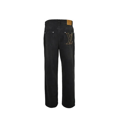 Louis Vuitton Leather Tab Wide-Leg Jeans — Black