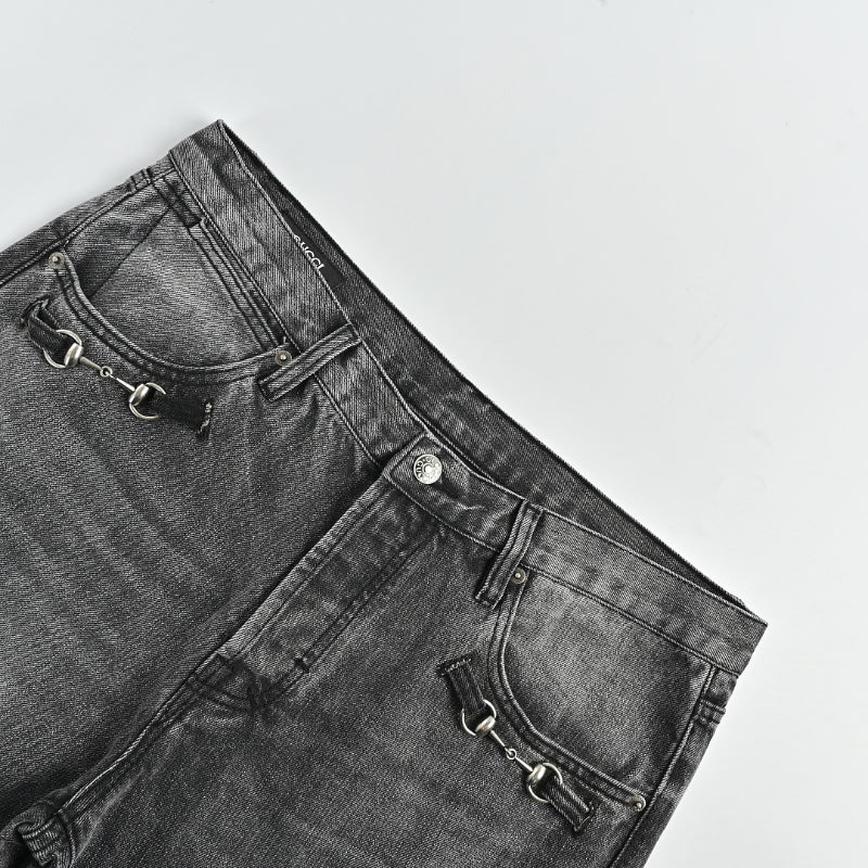 Gucci Smoke Grey Washed Straight Denim Pants with Horsebit Detail