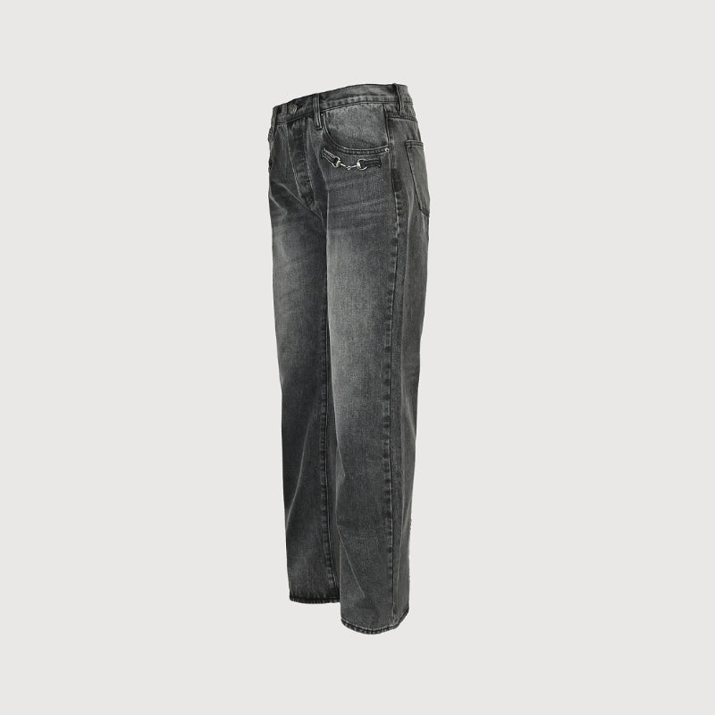 Gucci Smoke Grey Washed Straight Denim Pants with Horsebit Detail