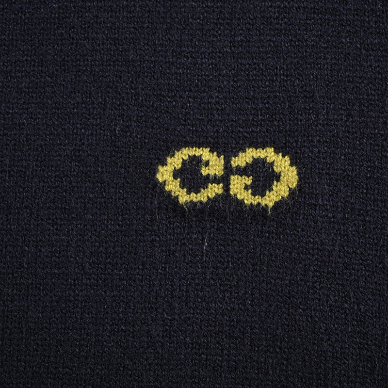 Gucci Navy Fine Knit V-Neck Cardigan with Multicolor Monogram Embroidery
