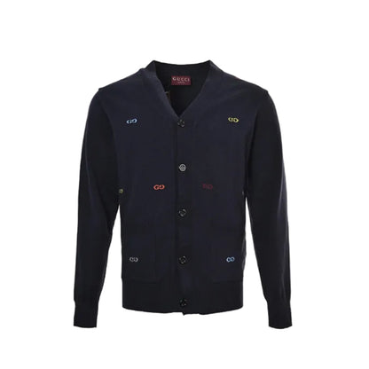 Gucci Navy Fine Knit V-Neck Cardigan with Multicolor Monogram Embroidery