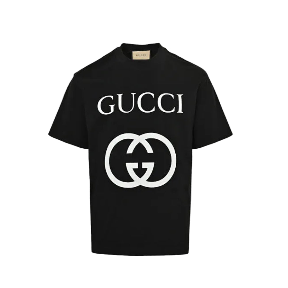 Gucci Black Oversized Serif Wordmark GG Interlocking Logo Heavyweight Tee