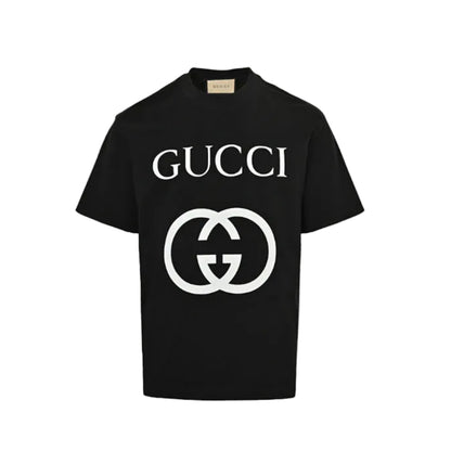 Gucci Black Oversized Serif Wordmark GG Interlocking Logo Heavyweight Tee