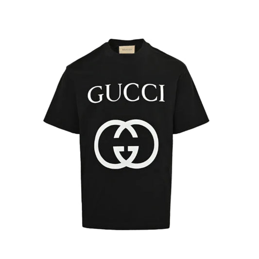Gucci Black Oversized Serif Wordmark GG Interlocking Logo Heavyweight Tee