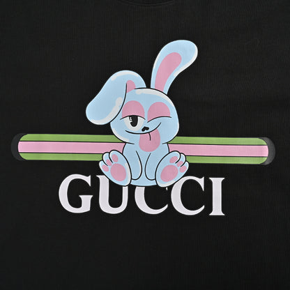 Gucci Black Stripe Ribbon Cartoon Bunny Serif Wordmark Graphic Tee