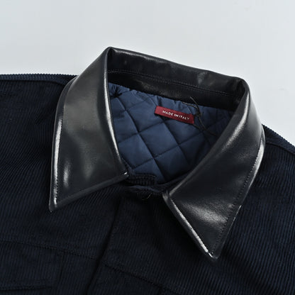 Gucci Navy Corduroy Leather Collar Quilted Jacket with Monogram Embroidery