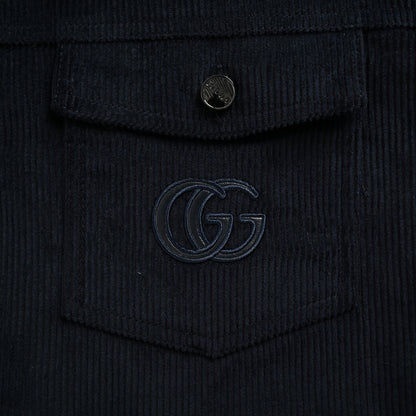 Gucci Navy Corduroy Leather Collar Quilted Jacket with Monogram Embroidery
