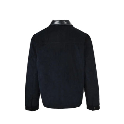 Gucci Navy Corduroy Leather Collar Quilted Jacket with Monogram Embroidery