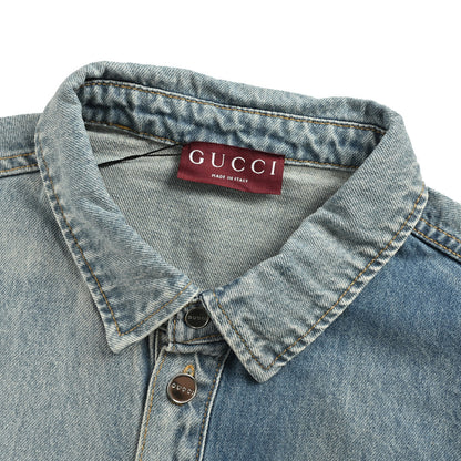 Gucci Two-Tone Panelled Denim Overshirt with Chain-Stitch Pocket Detail
