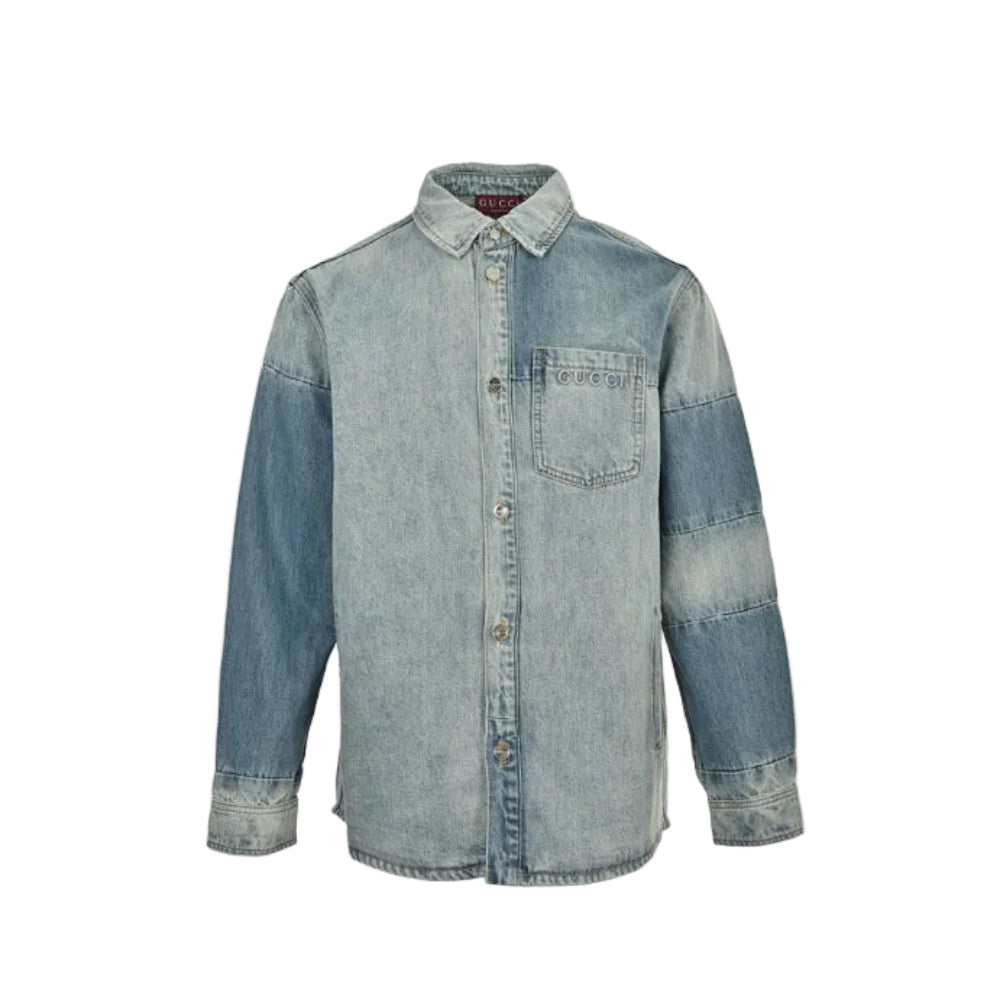 Gucci Two-Tone Panelled Denim Overshirt with Chain-Stitch Pocket Detail