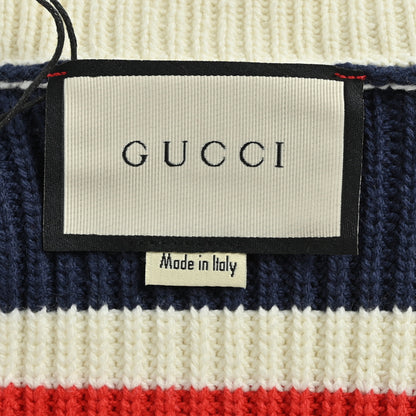Gucci Ivory Cricket Stripe Knit V-Neck Cardigan with Navy Trim