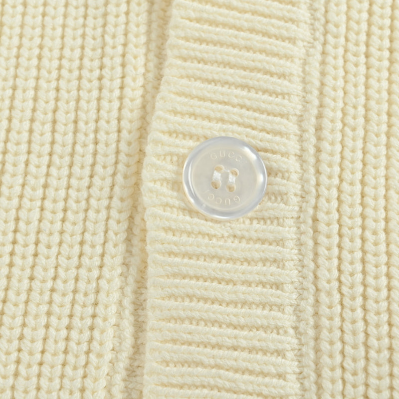 Gucci Ivory Cricket Stripe Knit V-Neck Cardigan with Navy Trim