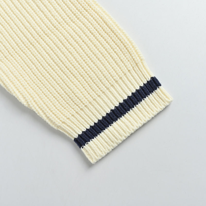 Gucci Ivory Cricket Stripe Knit V-Neck Cardigan with Navy Trim