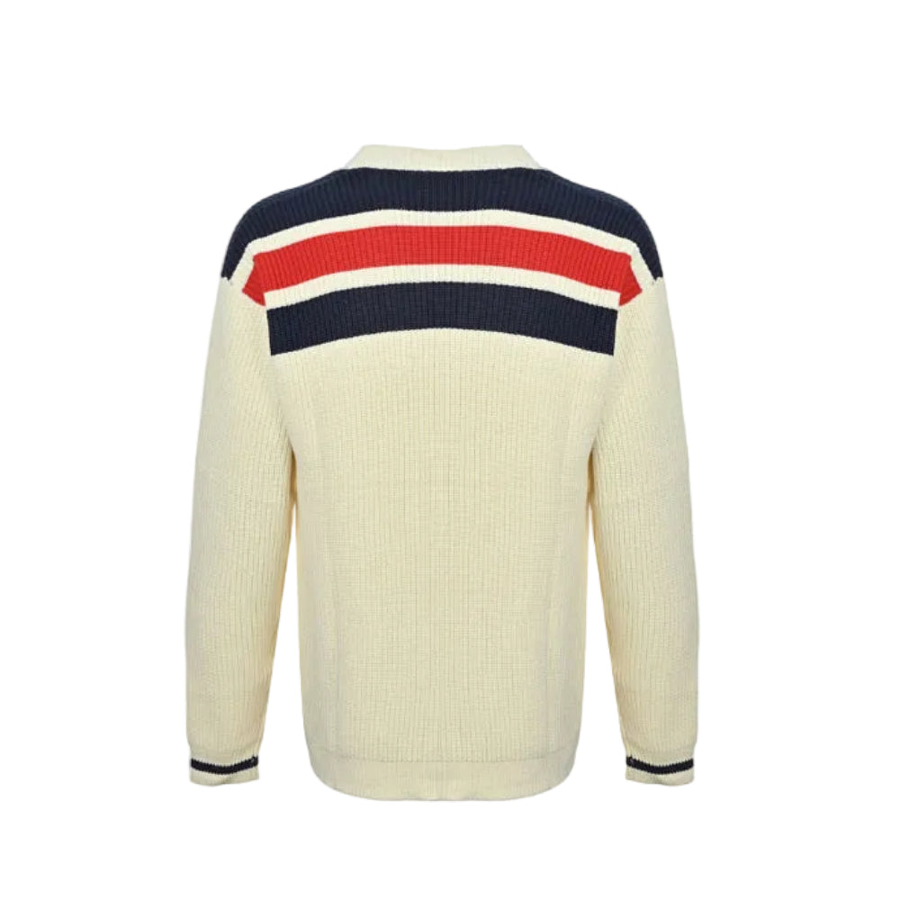 Gucci Ivory Cricket Stripe Knit V-Neck Cardigan with Navy Trim