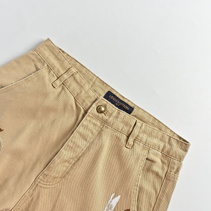 Louis Vuitton Distressed Paint-Splatter Carpenter Shorts — Khaki