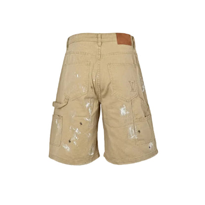 Louis Vuitton Distressed Paint-Splatter Carpenter Shorts — Khaki