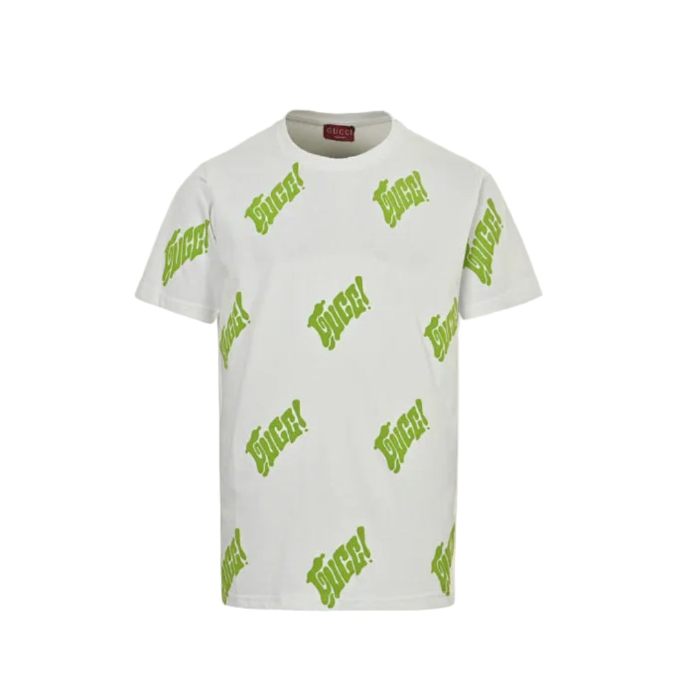Gucci Off-White All-Over Neon Green Graffiti Logo Heavyweight Tee