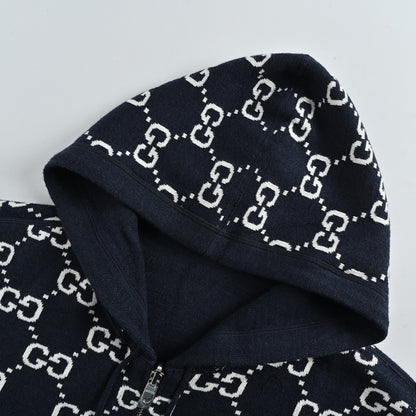 Gucci Navy All-Over Monogram Jacquard Knit Hooded Full-Zip Jacket