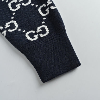 Gucci Navy All-Over Monogram Jacquard Knit Hooded Full-Zip Jacket