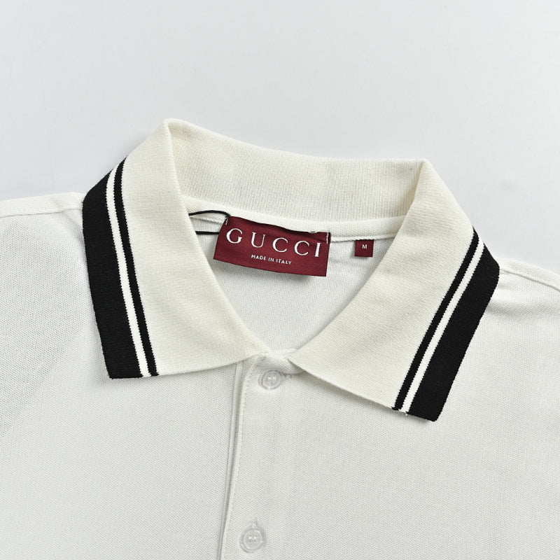 Gucci Ivory Double-Stripe Collar GG Badge Pocket Piqué Polo
