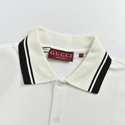 Gucci Ivory Double-Stripe Collar GG Badge Pocket Piqué Polo
