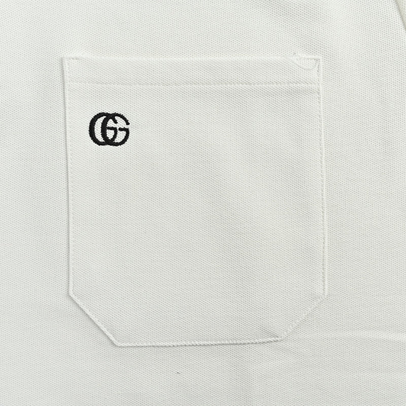 Gucci Ivory Double-Stripe Collar GG Badge Pocket Piqué Polo