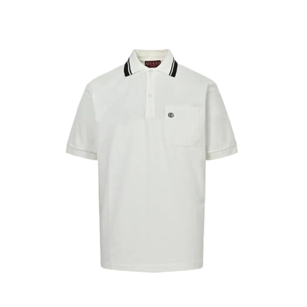 Gucci Ivory Double-Stripe Collar GG Badge Pocket Piqué Polo