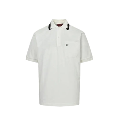 Gucci Ivory Double-Stripe Collar GG Badge Pocket Piqué Polo