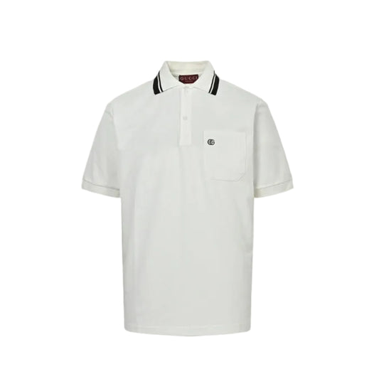 Gucci Ivory Double-Stripe Collar GG Badge Pocket Piqué Polo