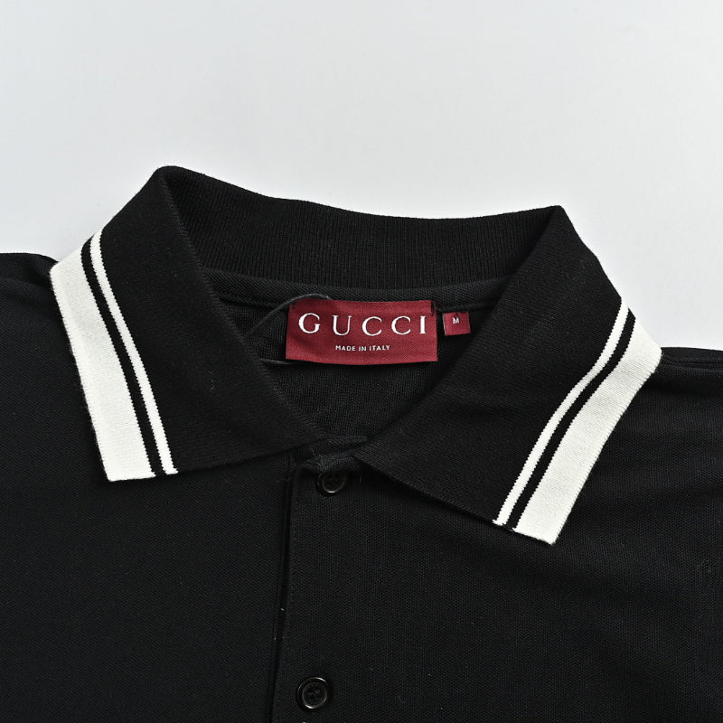 Gucci Black Double-Stripe Collar GG Badge Piqué Polo