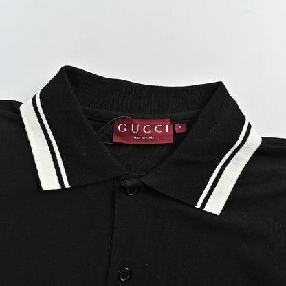 Gucci Black Double-Stripe Collar GG Badge Piqué Polo