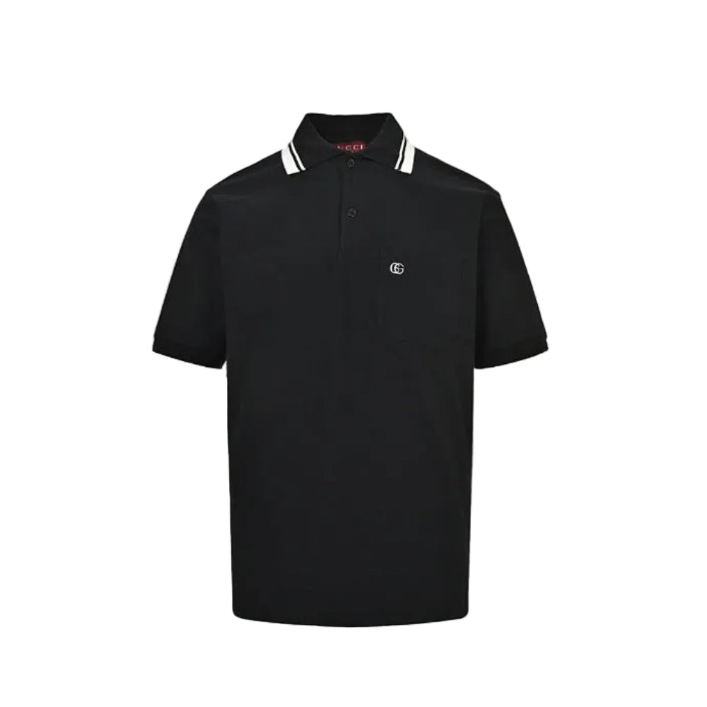 Gucci Black Double-Stripe Collar GG Badge Piqué Polo