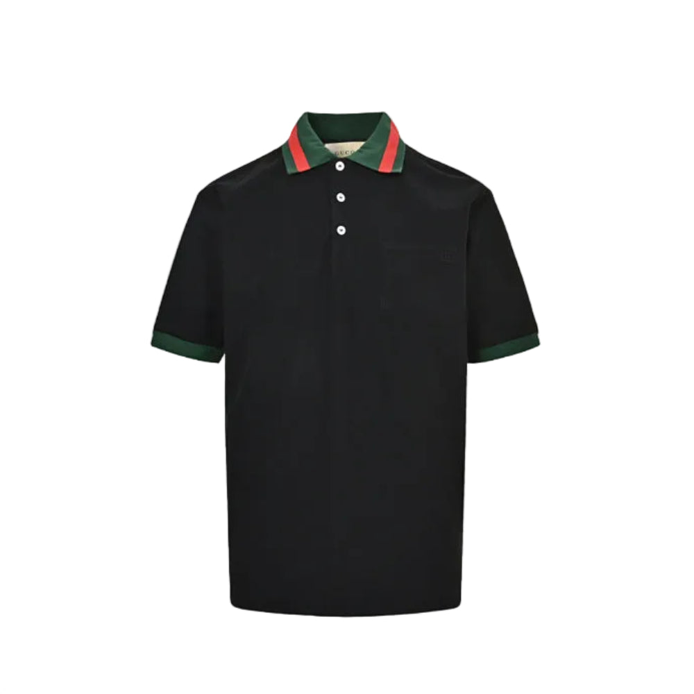 Gucci Black Web Stripe Collar Piqué Polo