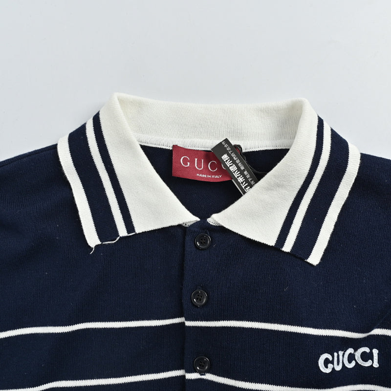 Gucci Navy & White Nautical Stripe Colorblock Knit Polo