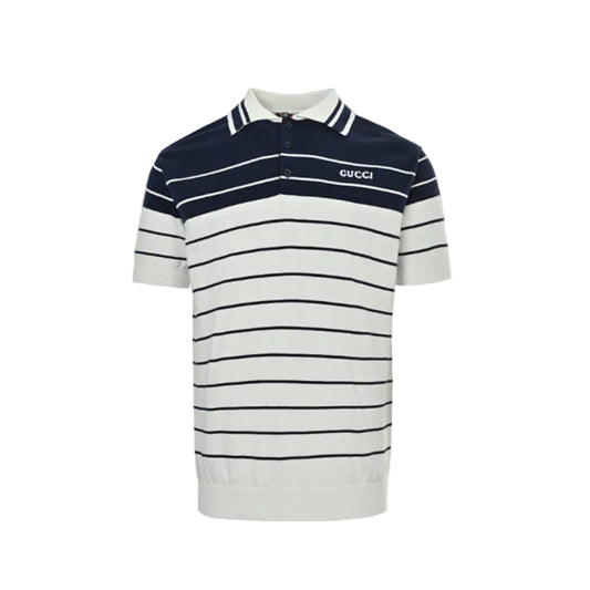 Gucci Navy & White Nautical Stripe Colorblock Knit Polo