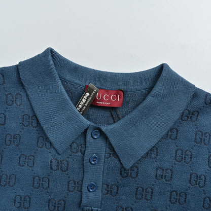 Gucci Navy-to-White Ombré GG Jacquard Knit Polo