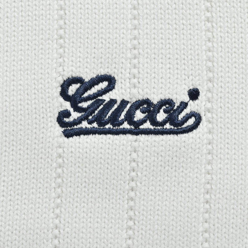 Gucci White Textured Knit V-Neck Cardigan with Tricolor Stripe Trim